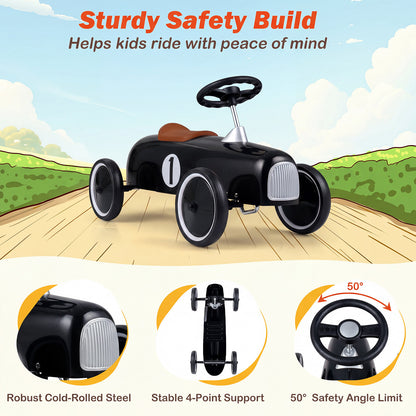 Collage showing the black push and pedal ride on toy, its grille, base and steering wheel