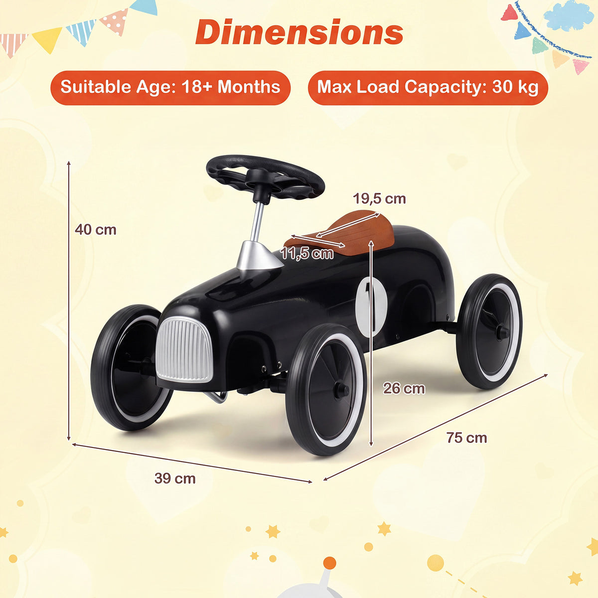 Dimensions diagram showing a black push and pedal ride on toy with measurements