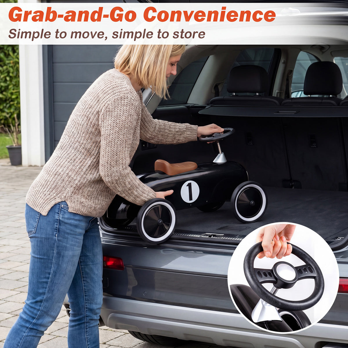 A woman places the black push and pedal ride on toy into the boot of a car