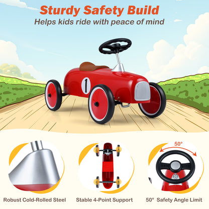 The riding toy with close-up circular insets showing the steel frame and steering limit