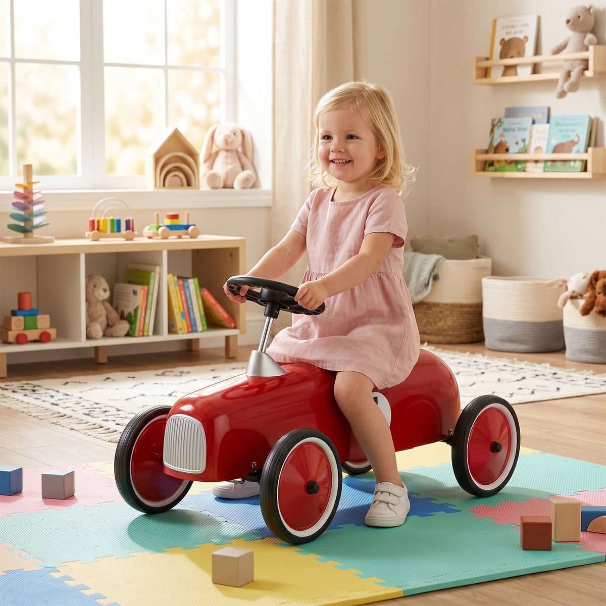 The riding toy being used by a young girl in a bright playroom with colourful floor mats