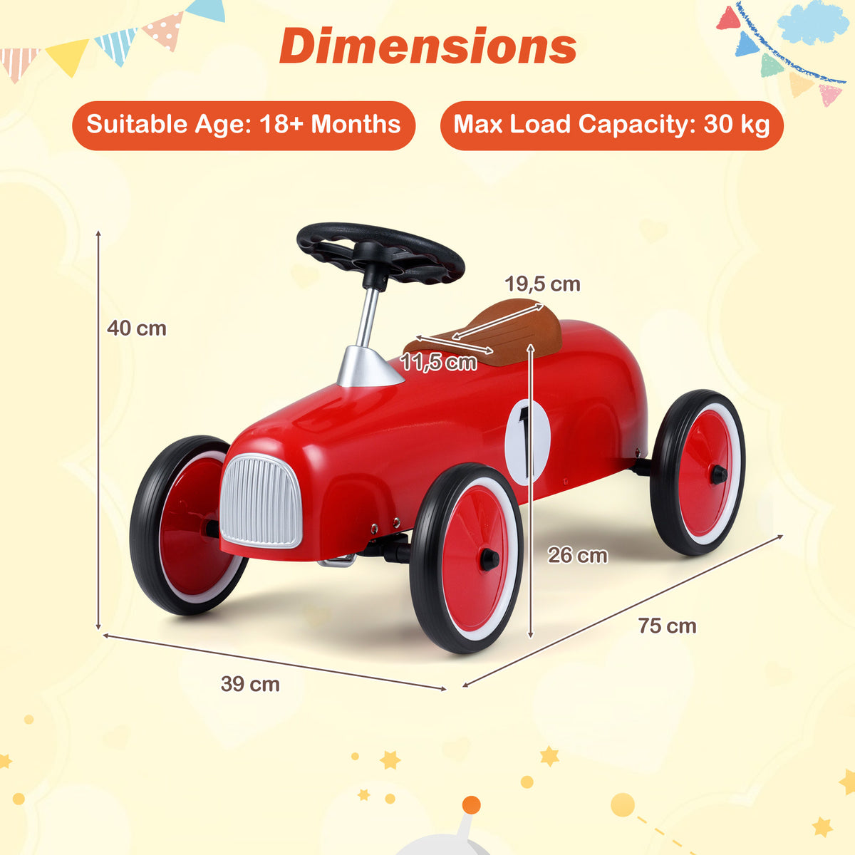 The riding toy shown with various measurement lines and labels indicating its size