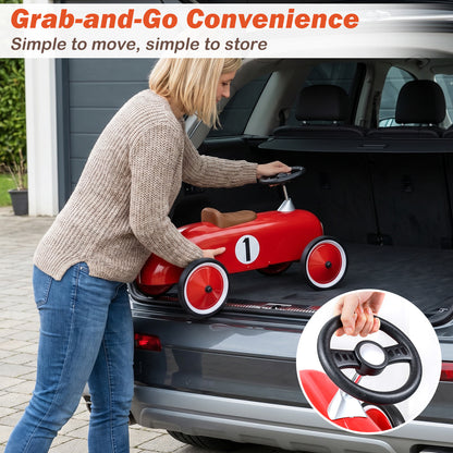 The riding toy being lifted into the boot of a car by an adult with a close-up of the handle