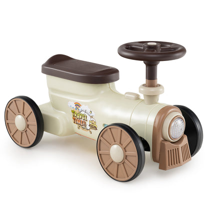 Beige ride on push car train with brown steering wheel and wheels