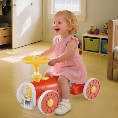 The push toy being ridden by a smiling toddler in a bright indoor playroom setting