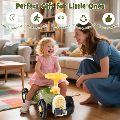 Mother and child enjoying the green push car train as a gift