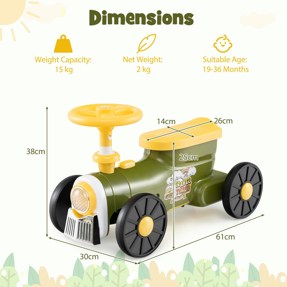 Dimensions diagram for the green push car train