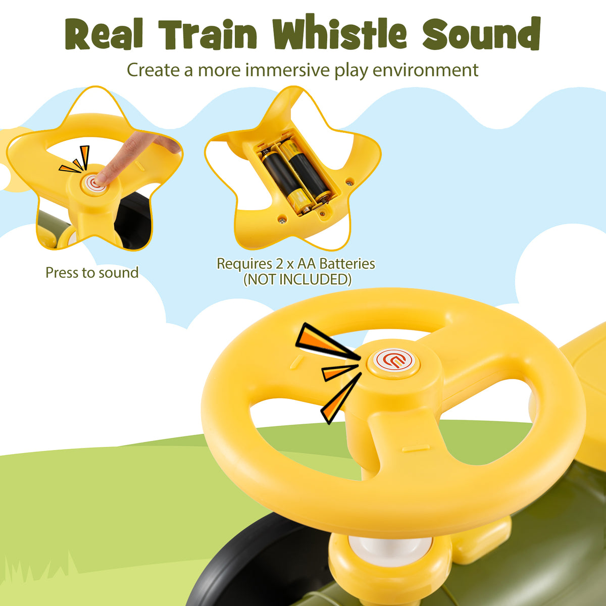 Close up of the yellow steering wheel and battery compartment on the green push car train