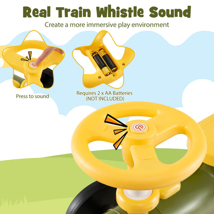 Close up of the yellow steering wheel and battery compartment on the green push car train