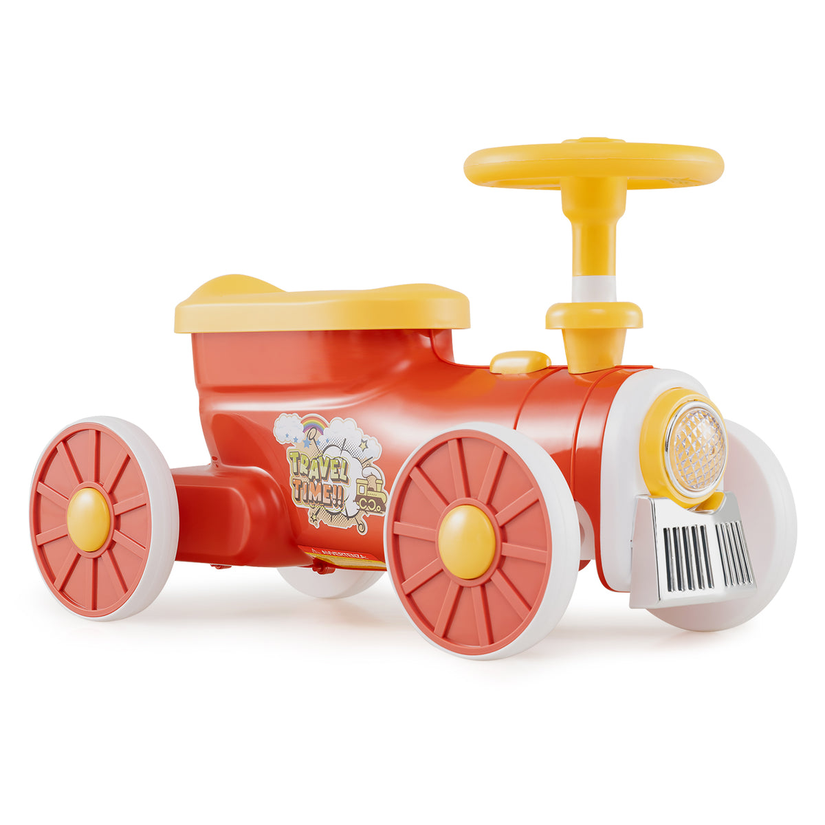 Ride on Push Car Train in orange with a yellow seat and steering wheel on a white background