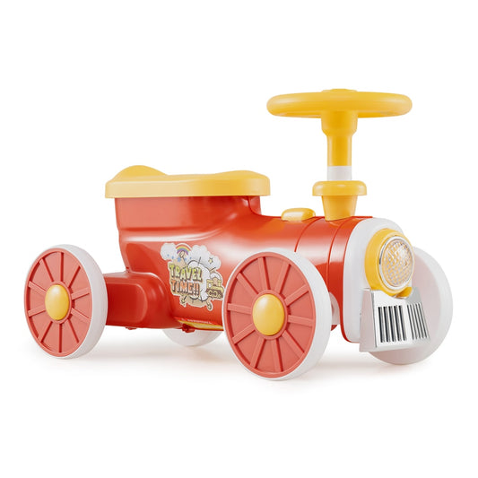 Ride on Push Car Train in orange with a yellow seat and steering wheel on a white background