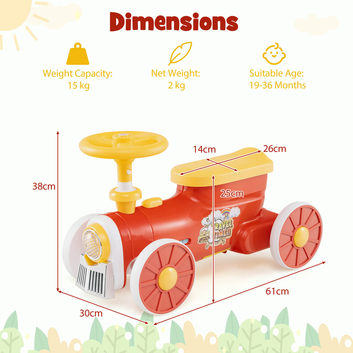 The push toy with red dimension lines and text indicating its size and age suitability