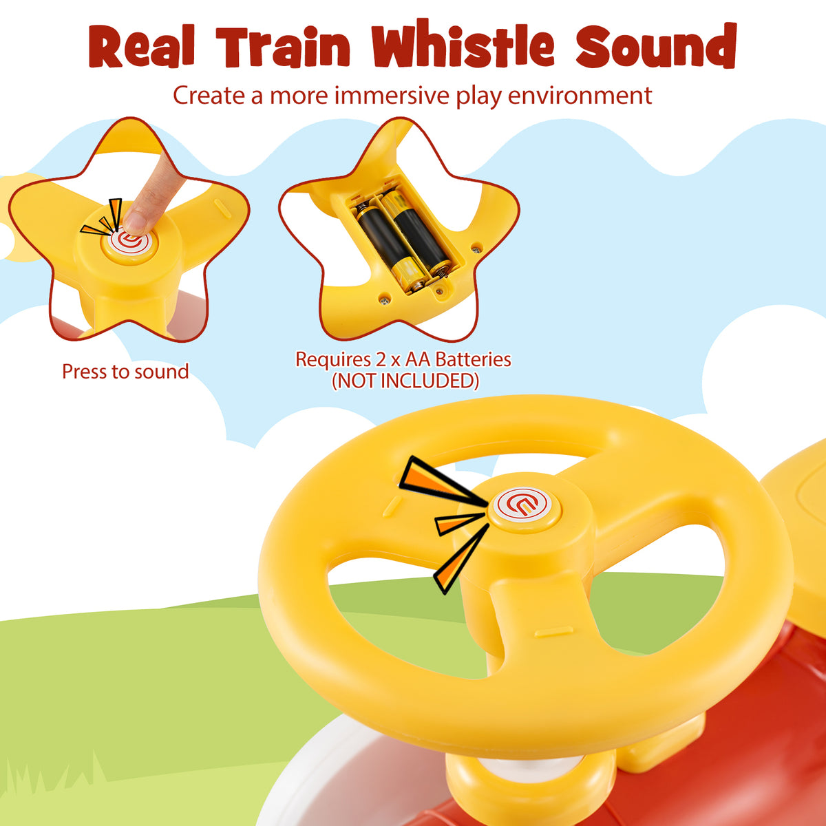 The steering wheel of the push toy with close-ups showing the sound button and battery slot