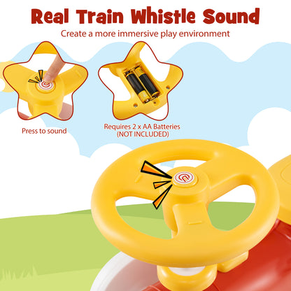 The steering wheel of the push toy with close-ups showing the sound button and battery slot