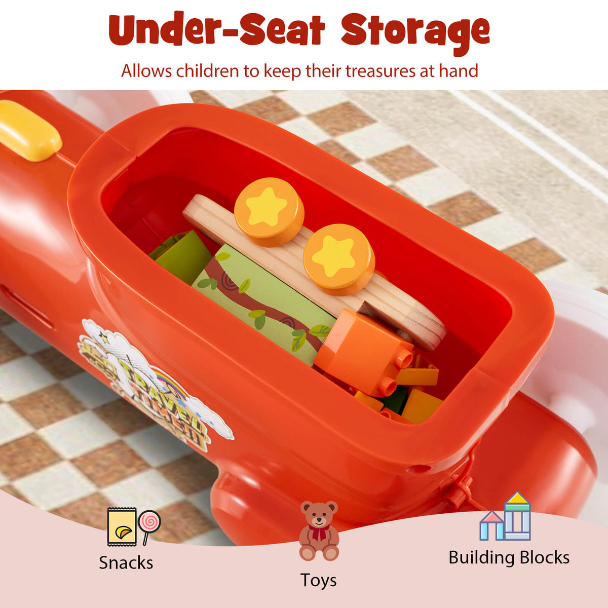 The push toy with the seat lifted to reveal the storage compartment filled with small toys