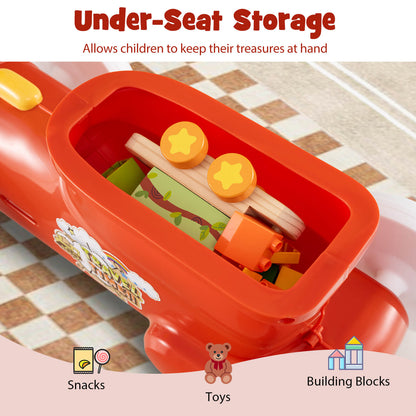 The push toy with the seat lifted to reveal the storage compartment filled with small toys