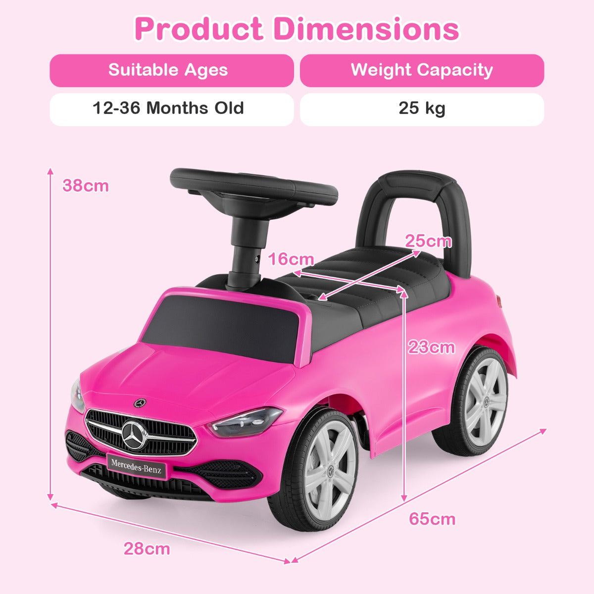 Pink push & pedal ride on toy with dimensions and weight capacity shown