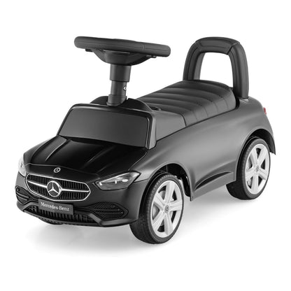 Ride on Sliding Car, a black toy car with a steering wheel and horn, shown from the front