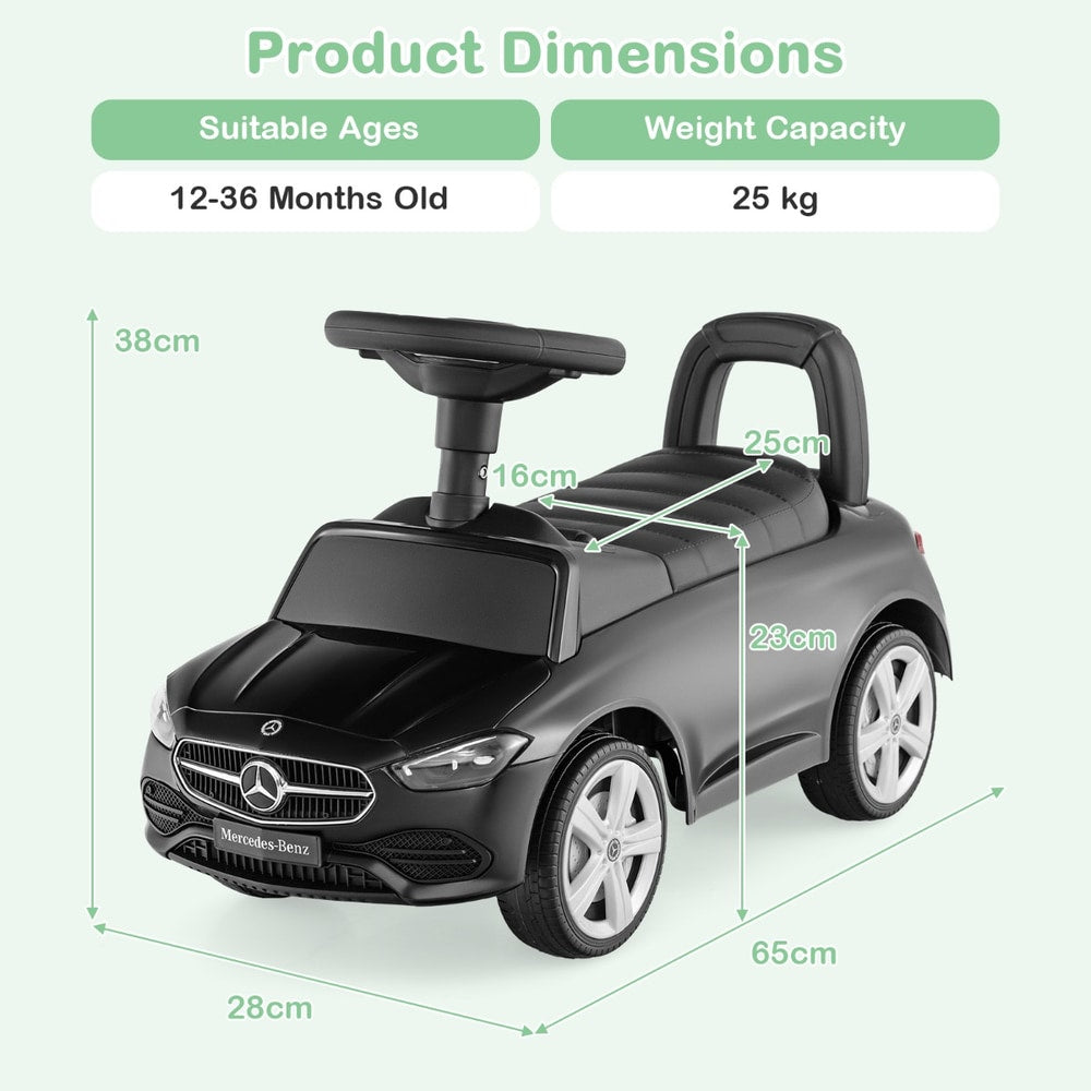 Product dimensions diagram for the black push and pedal ride on toy