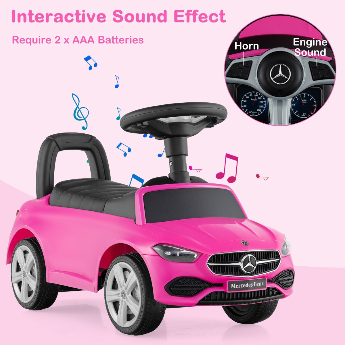 Close up of the steering wheel on the pink push & pedal ride on toy with sound effects