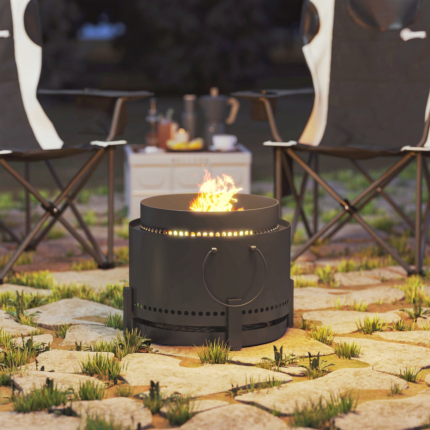 Outsunny Smokeless Fire Pit with Ash Catcher, 37cm Portable Wood Burning Firepit with Poker for Garden Camping Bonfire Party, Metal, Dark Grey
