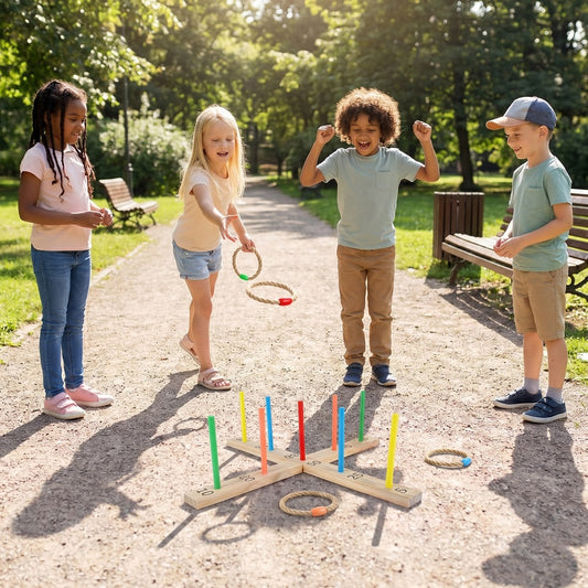 Children playing the lawn game in a park setting with benches and trees