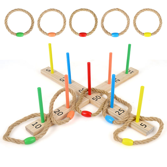 Ring Toss Game with five rope rings and a wooden base with colourful pegs