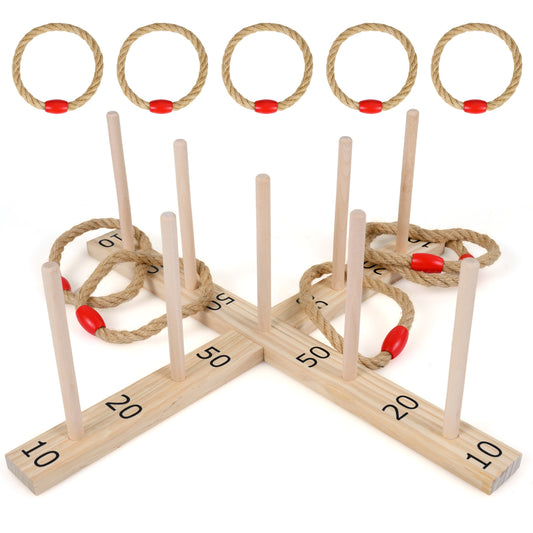 Ring Toss Game for Kids and Adults Outdoor Yard Game with 5 Rope Rings-Natural, showing the wooden base and five rope rings