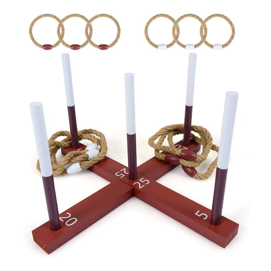 Ring Toss Game for kids and adults, a wooden base with five upright posts and six rope rings