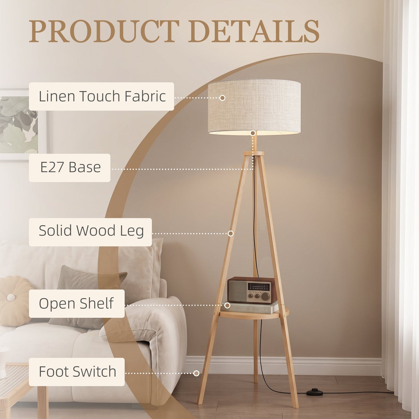 HOMCOM Bedside Light, Tripod Floor Lamp with Storage Shelf and Linen Shade for Living Room, 160cm, Natural Wood Colour
