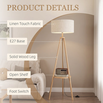 HOMCOM Bedside Light, Tripod Floor Lamp with Storage Shelf and Linen Shade for Living Room, 160cm, Natural Wood Colour