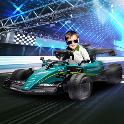دراجة سباق كارتينج للأطفال من AIYAPLAY مرخصة من أستون مارتن 12 فولت مع بلوتوث، 4 عجلات تعليق، أضواء موسيقى، بوق، لون أخضر