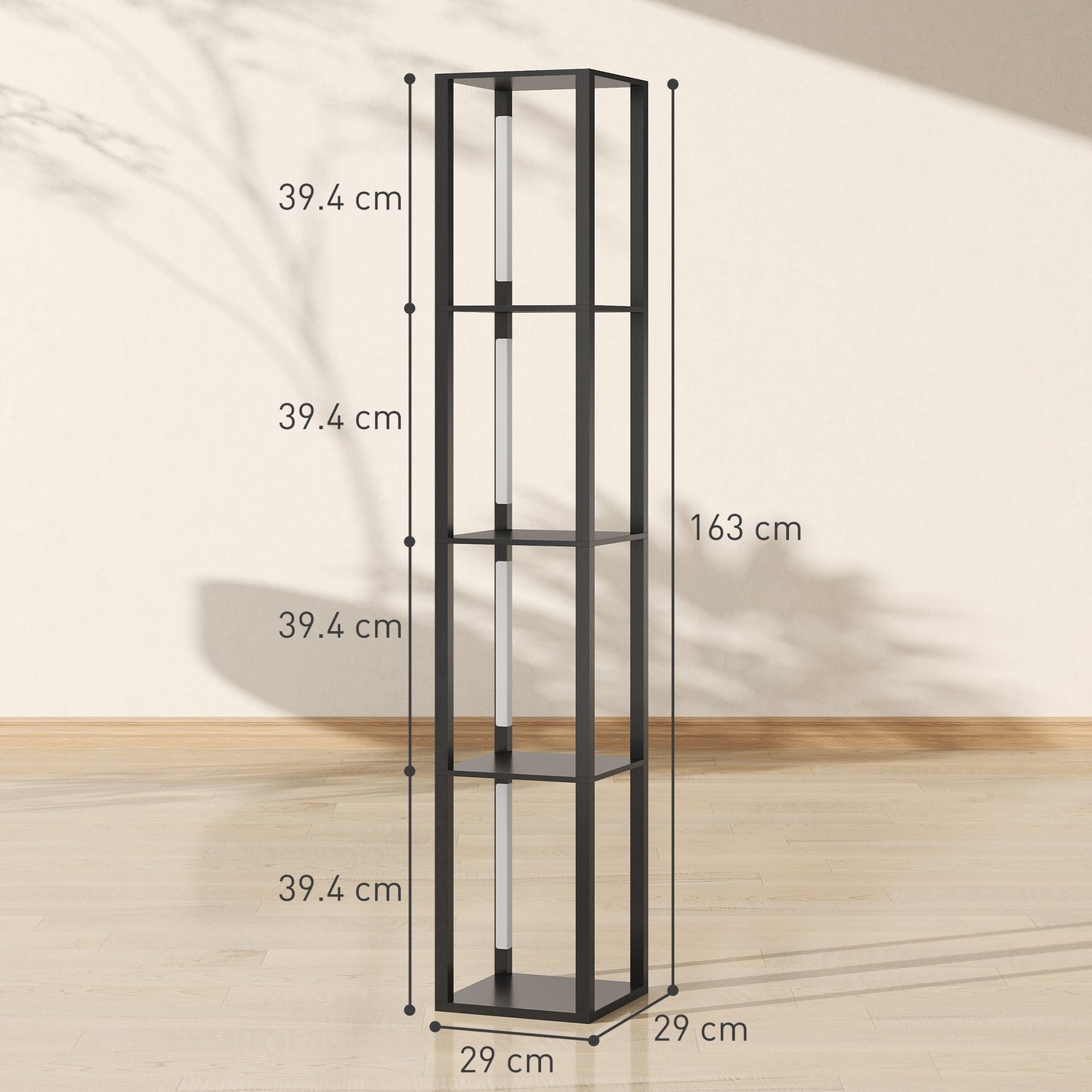 HOMCOM LED Floor Lamp with Shelves, Modern Dimmable Standing Lamp with 3 Brightness Levels and Foot Switch for Living Room, Bedroom, Office, Black