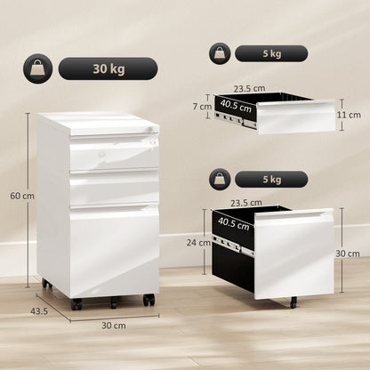 Vinsetto 3-Drawer Steel Filing Cabinet with Lock and Wheels in White