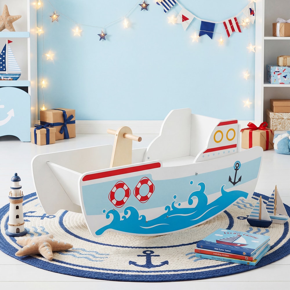 The wooden rocking ship toy with nautical theme is displayed in a decorated room with gifts and lights