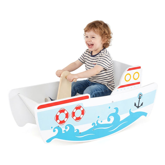 Rocking Ship for 1-5 Years Old Kids Wooden Rocking Horse Toy with Nautical Theme, a child sits in it and rocks