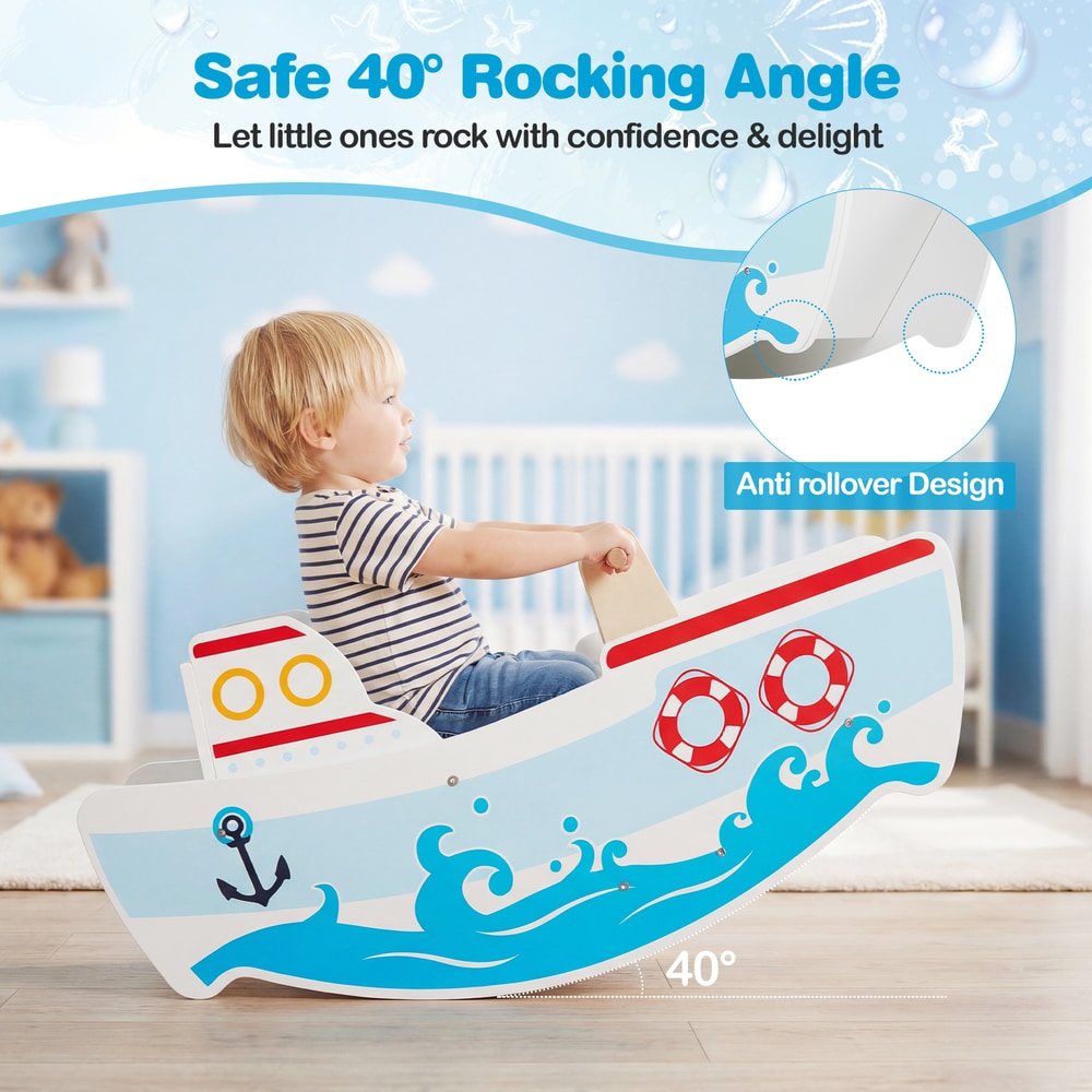 The kids rocking ship toy with nautical theme has a safe rocking angle and anti rollover design