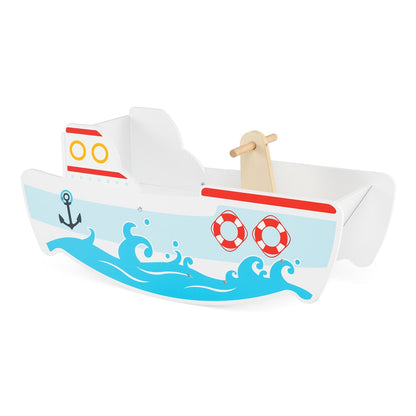 The wooden rocking ship toy with nautical theme has a white base and blue wave details