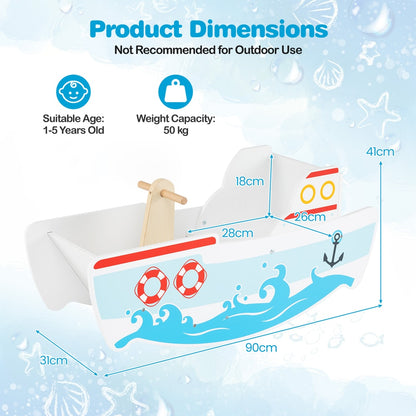 Product dimensions for the wooden rocking ship toy with nautical theme are shown with measurements
