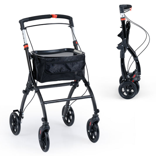 Rollator Walkers Lightweight Foldable Rolling Walker with tray in black, shown from the front and folded