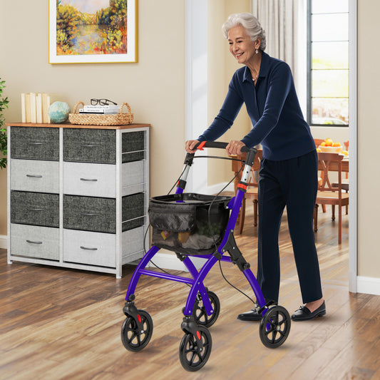 The purple rolling walker being used by an elderly woman walking across a living room