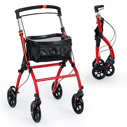Rollator Walkers Lightweight Foldable Rolling Walker in black and red with a basket and tray