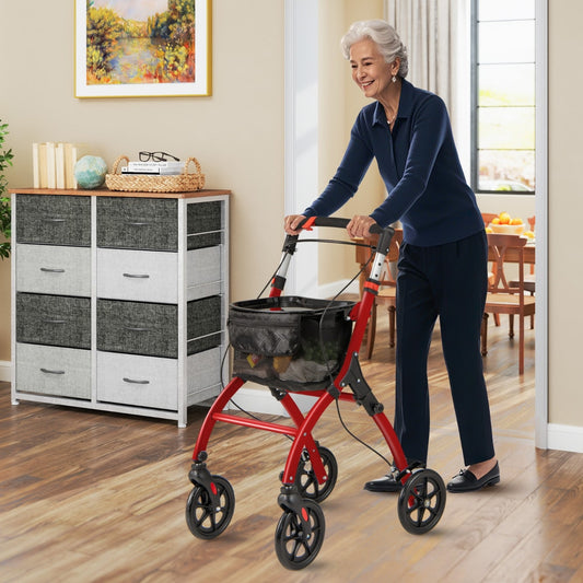 Elderly woman using the red and black rollator walker in a living room