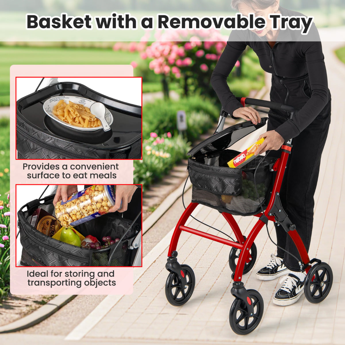 Rollator Walkers Lightweight Foldable Rolling Walker with Tray for Seniors-Black & Red