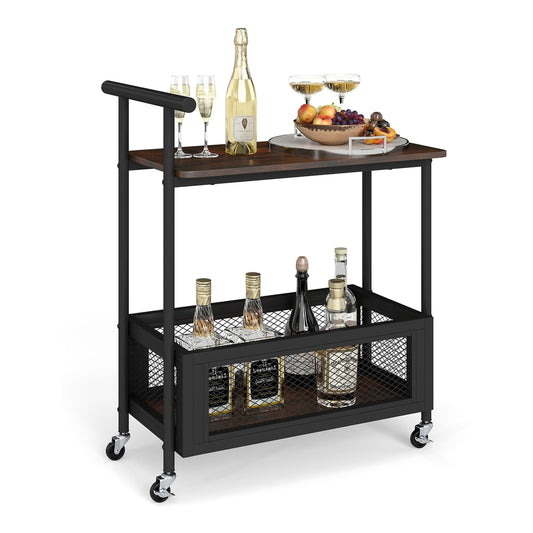 Rolling End Table with handle and two shelves, one with a mesh basket