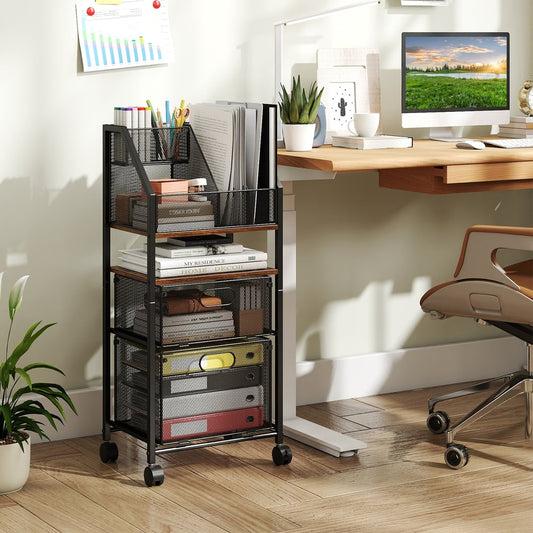 The rolling file cart in a home office setting next to a desk and chair