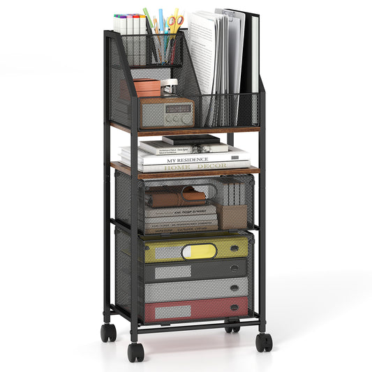 Rolling File Utility Cart with mesh shelves and two drawers, shown with office supplies