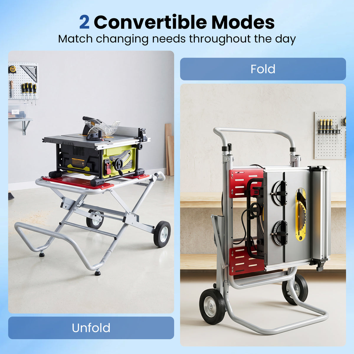 The metal base shown in both its unfolded table mode and folded storage mode