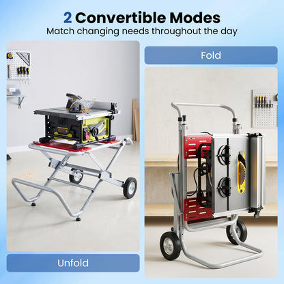 The metal base shown in both its unfolded table mode and folded storage mode
