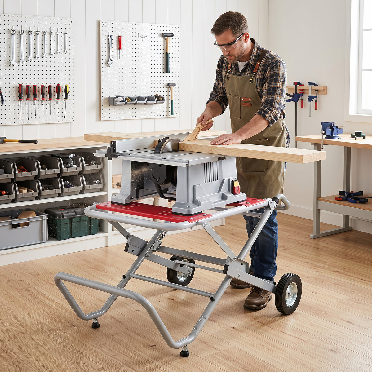 The metal base supporting a table saw while a man cuts a piece of wood in a workshop